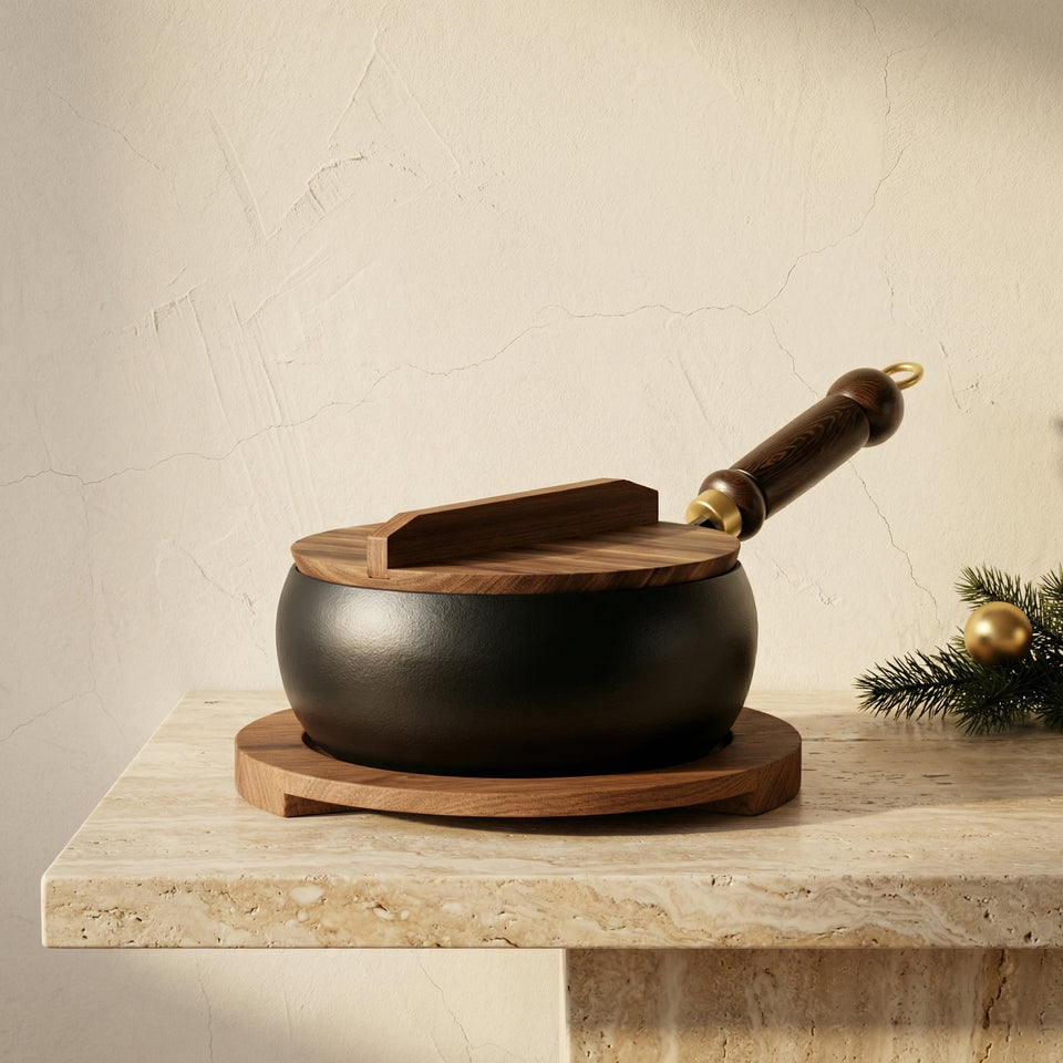Hand-Forged Iron Pan with Wooden Handle and Optional Lid 24cm 28cm-Kitchen & Dining > Cookware-casanuva-casanuva