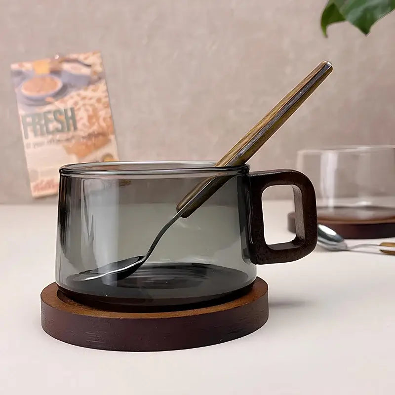 Handcrafted Glass Cup and Saucer Set with Walnut Accent 3 Pieces-Kitchen & Dining > Tableware-casanuva-casanuva