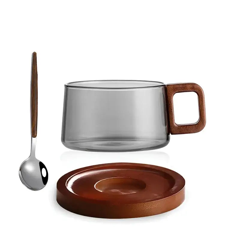 Handcrafted Glass Cup and Saucer Set with Walnut Accent 3 Pieces-Kitchen & Dining > Tableware-casanuva-Gray Set-casanuva