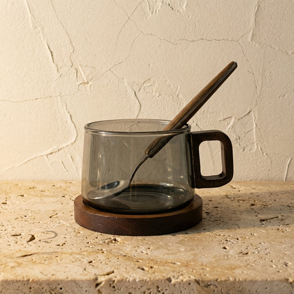 Handcrafted Glass Cup and Saucer Set with Walnut Accent 3 Pieces-Kitchen & Dining > Tableware-casanuva-casanuva