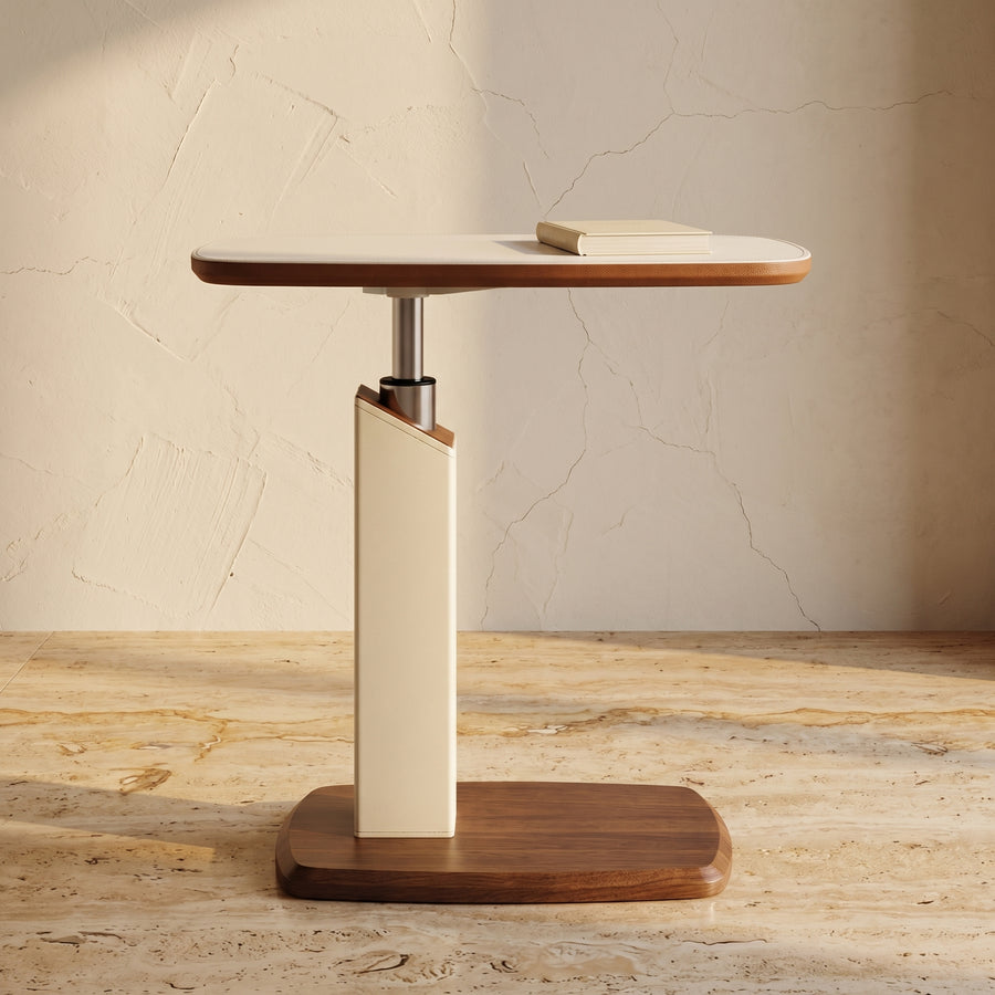 Height-Adjustable Swivel Side Table Saddle Leather Medium-Density Fiberboard Rectangular-Furniture > Side Tables-casanuva-casanuva