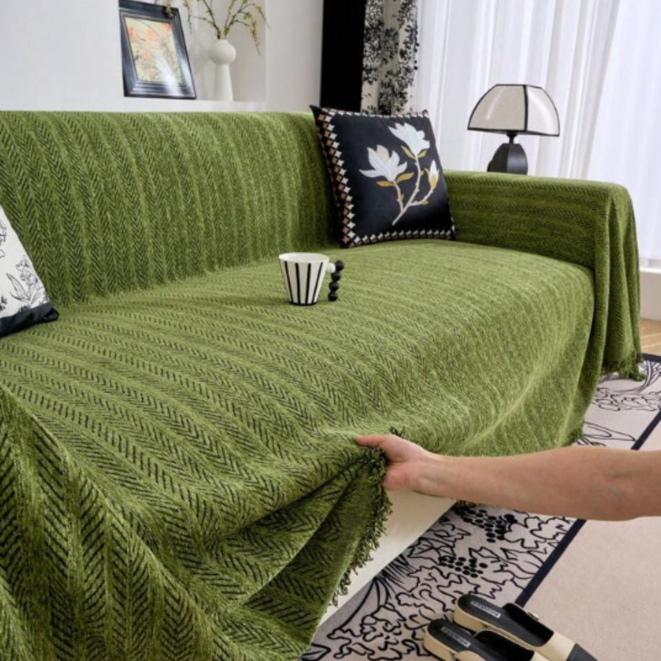 Herringbone Chenille Sofa Cover with Tassels-Covers & Textiles > Sofa Covers-casanuva-casanuva