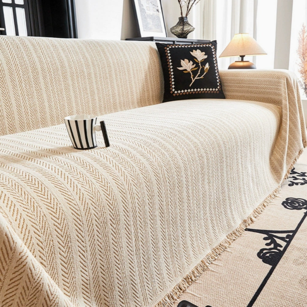 Herringbone Chenille Sofa Cover with Tassels-Covers & Textiles > Sofa Covers-casanuva-Beige-71"x51"-casanuva