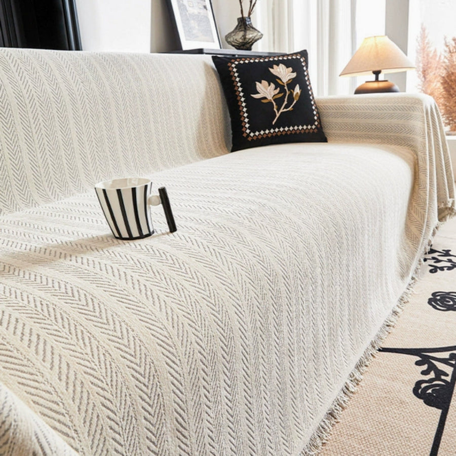 Herringbone Chenille Sofa Cover with Tassels-Covers & Textiles > Sofa Covers-casanuva-Light Gray-71"x51"-casanuva