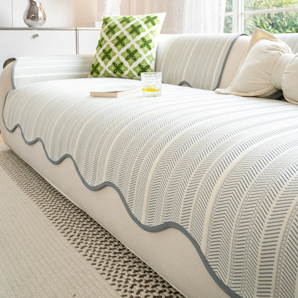 Herringbone Scallop Edge Sofa Cover-Covers & Textiles > Sofa Covers-casanuva-Mist Chevron-35"x28"-casanuva