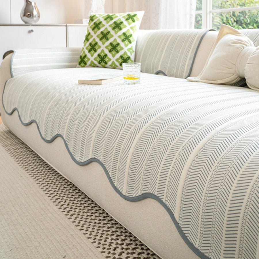 Herringbone Scallop Edge Sofa Cover-Covers & Textiles > Sofa Covers-casanuva-Mist Chevron-35"x28"-casanuva