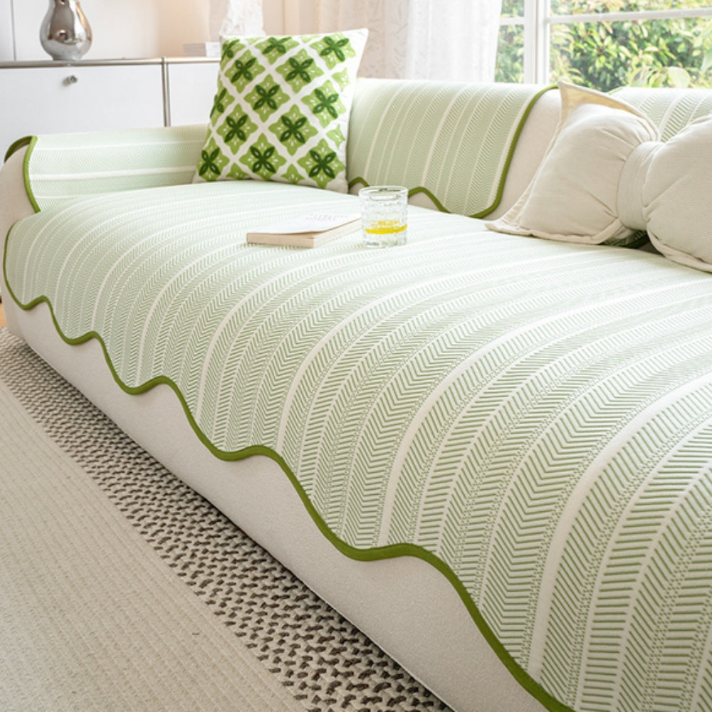 Herringbone Scallop Edge Sofa Cover-Covers & Textiles > Sofa Covers-casanuva-Sage Stripe-35"x28"-casanuva