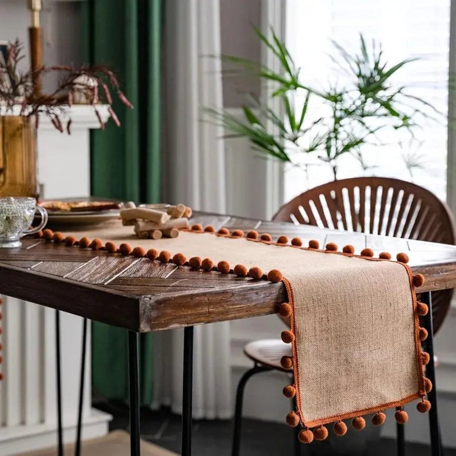 Jute Pom-Pom Table Runner Bohemian Style-Covers & Textiles > Table Runners-casanuva-casanuva