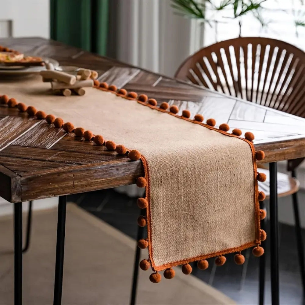 Jute Pom-Pom Table Runner Bohemian Style-Covers & Textiles > Table Runners-casanuva-casanuva