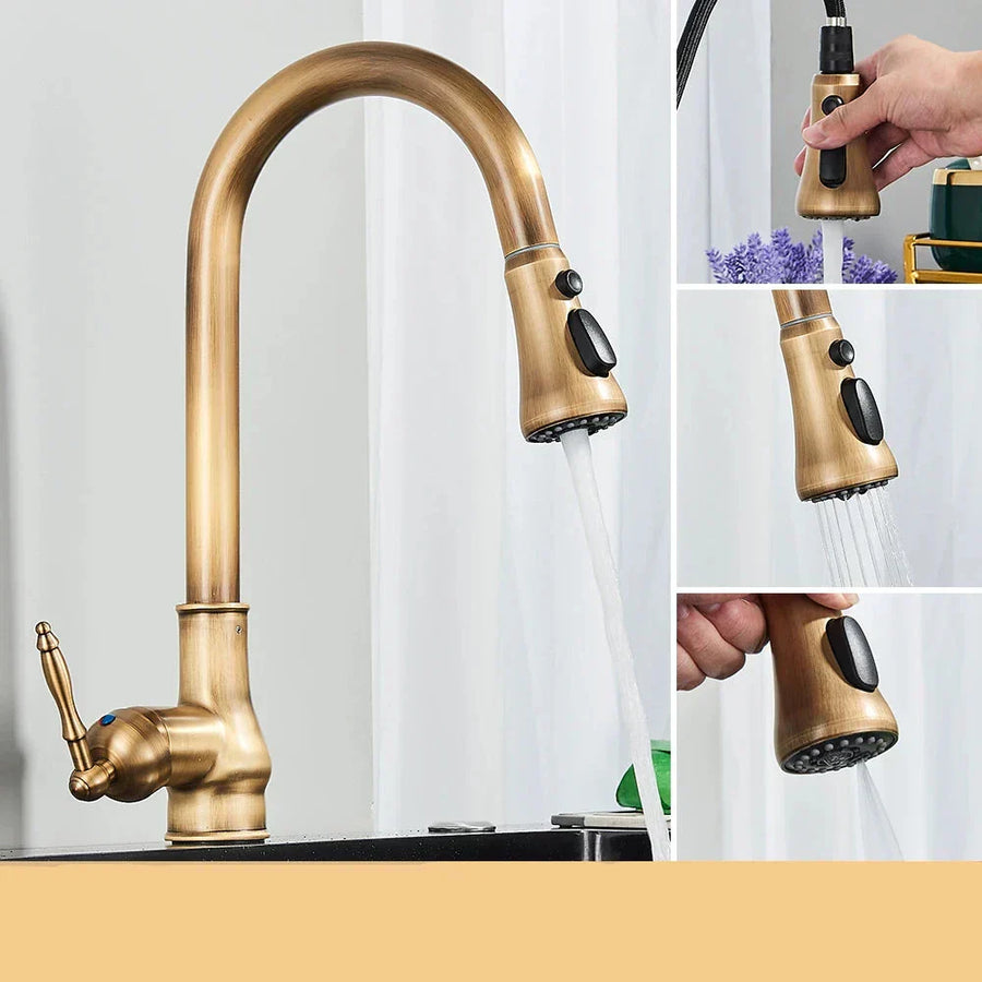 Kitchen Faucet Pull-Out Spray Retro Black Gold Finish-Kitchen & Dining > Kitchen Faucets-casanuva-Antique brass 3-way-casanuva