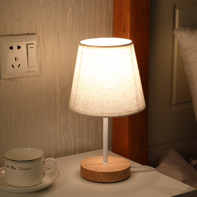 LED Table Lamp Solid Wood Fabric Cone Nordic Vintage Design-Lighting > Table Lamps-casanuva-Hemp Gray-Fixed Brightness-casanuva