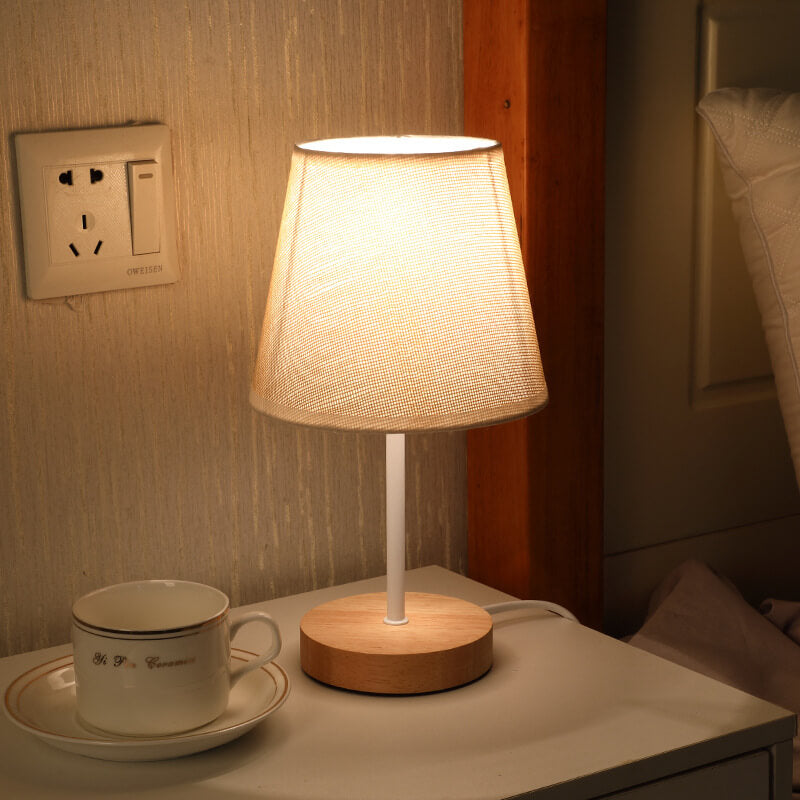 LED Table Lamp Solid Wood Fabric Cone Nordic Vintage Design-Lighting > Table Lamps-casanuva-Hemp Yellow-Fixed Brightness-casanuva