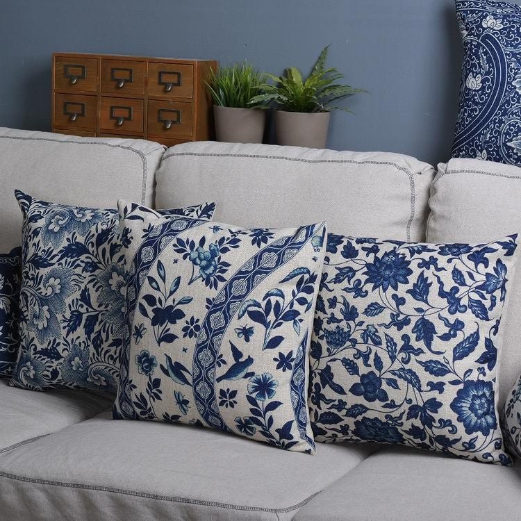 Linen Cotton Pillowcase with Traditional Porcelain Pattern-Bedding & Bath > Pillowcases-casanuva-casanuva