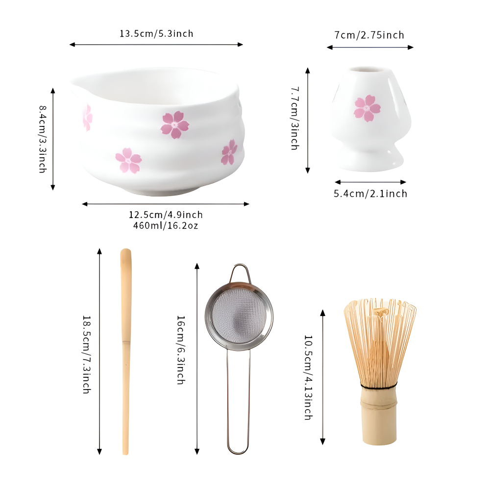 Matcha Set 5 Pieces White Floral Bowl Bamboo Whisk Ceramic-Kitchen & Dining > Coffee & Tea-casanuva-casanuva