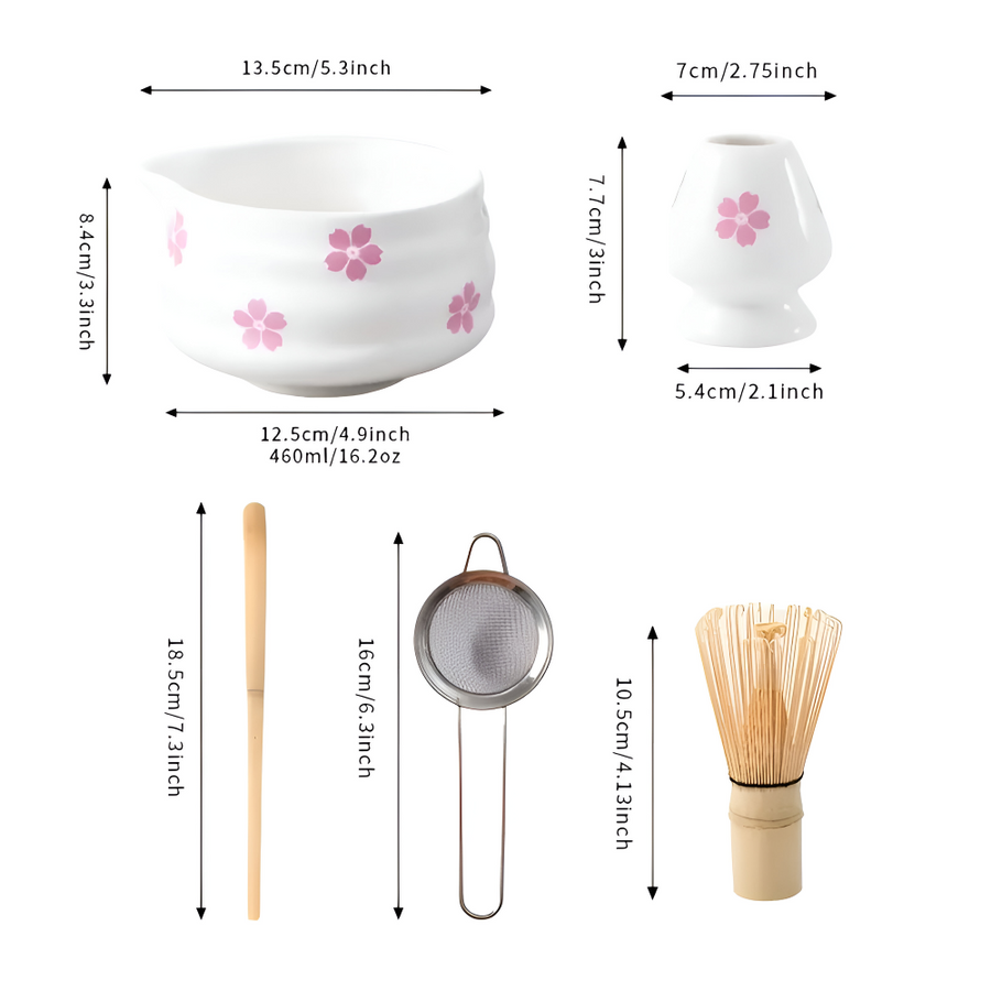 Matcha Set 5 Pieces White Floral Bowl Bamboo Whisk Ceramic-Kitchen & Dining > Coffee & Tea-casanuva-casanuva