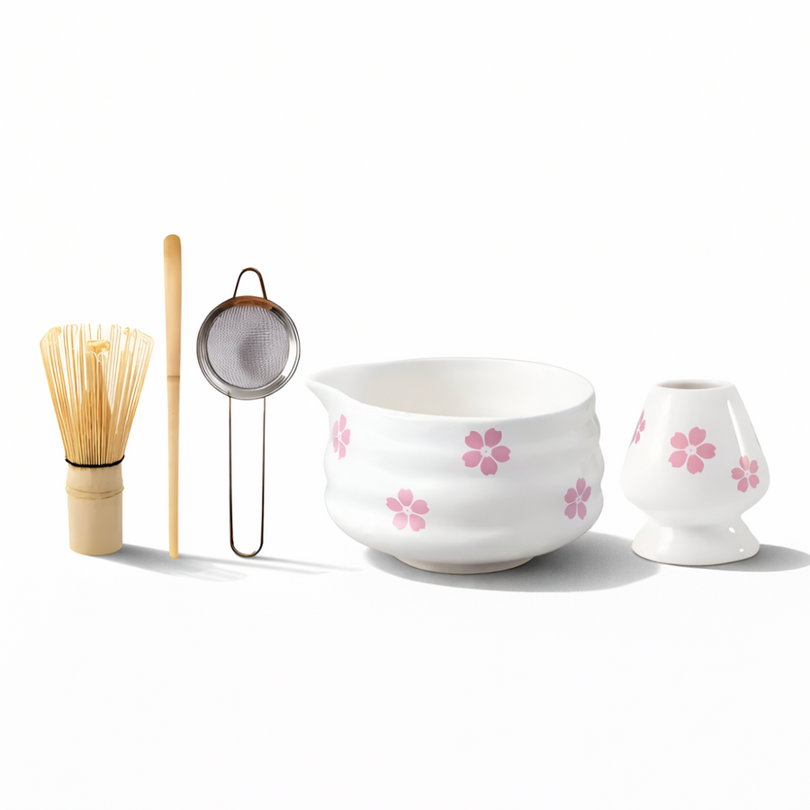 Matcha Set 5 Pieces White Floral Bowl Bamboo Whisk Ceramic-Kitchen & Dining > Coffee & Tea-casanuva-casanuva