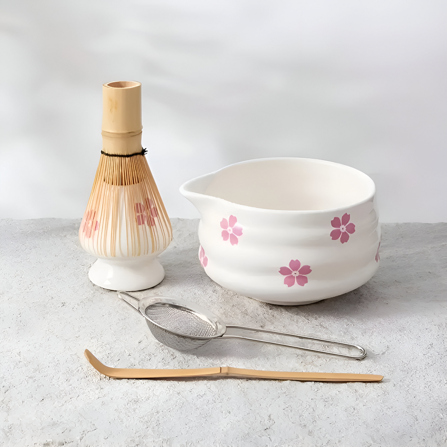 Matcha Set 5 Pieces White Floral Bowl Bamboo Whisk Ceramic-Kitchen & Dining > Coffee & Tea-casanuva-casanuva
