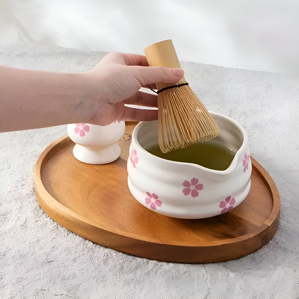 Matcha Set 5 Pieces White Floral Bowl Bamboo Whisk Ceramic-Kitchen & Dining > Coffee & Tea-casanuva-casanuva