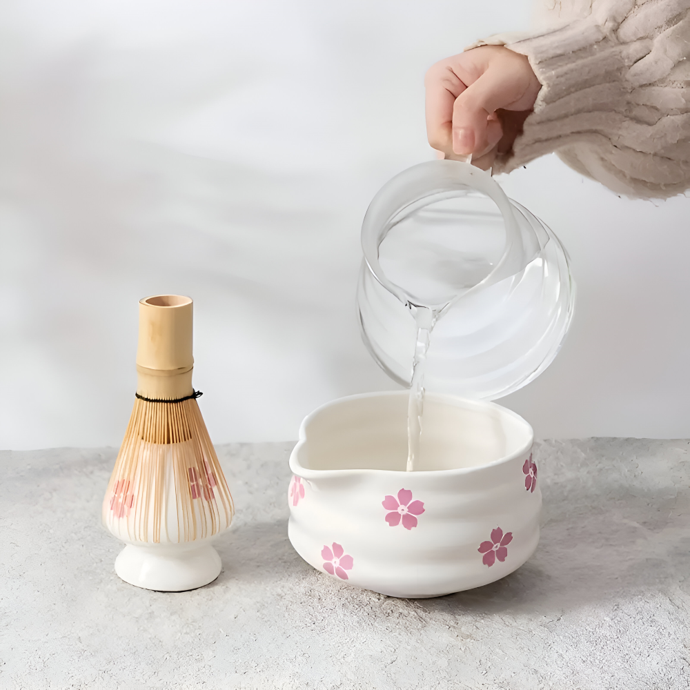 Matcha Set 5 Pieces White Floral Bowl Bamboo Whisk Ceramic-Kitchen & Dining > Coffee & Tea-casanuva-casanuva