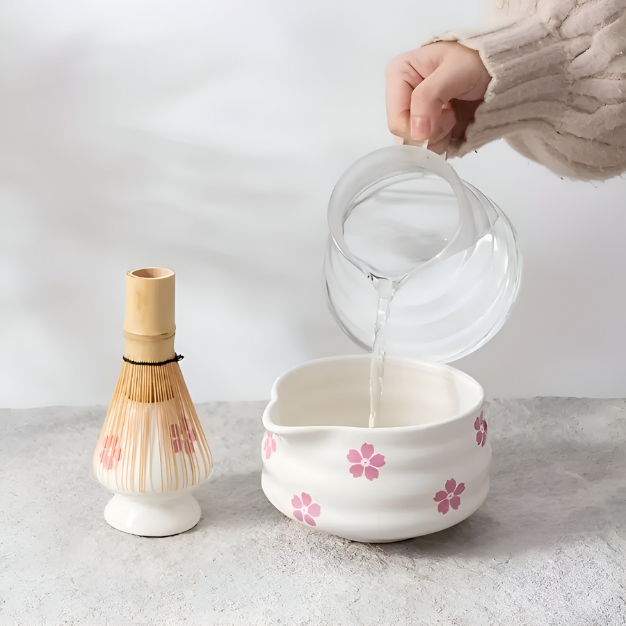 Matcha Set 5 Pieces White Floral Bowl Bamboo Whisk Ceramic-Kitchen & Dining > Coffee & Tea-casanuva-casanuva