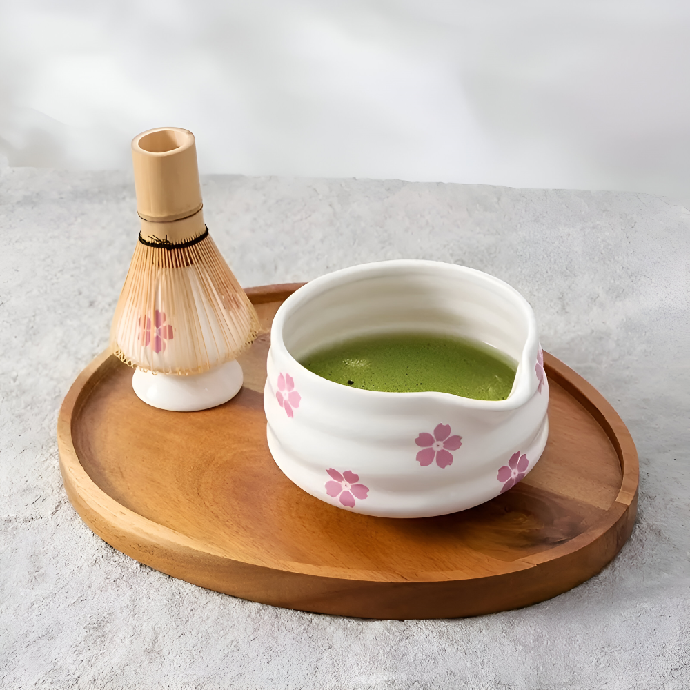 Matcha Set 5 Pieces White Floral Bowl Bamboo Whisk Ceramic-Kitchen & Dining > Coffee & Tea-casanuva-casanuva