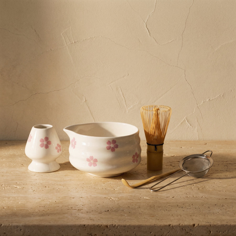 Matcha Set 5 Pieces White Floral Bowl Bamboo Whisk Ceramic-Kitchen & Dining > Coffee & Tea-casanuva-casanuva