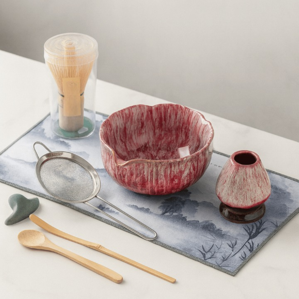 Matcha Set 8 Pieces Handmade Bowl 550 ml with Bamboo Accessories-Kitchen & Dining > Coffee & Tea-casanuva-Pink-casanuva