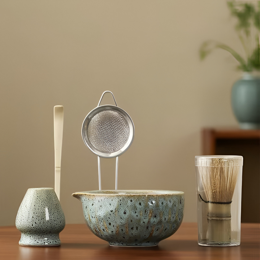 Matcha Tea Set 5 Piece Handmade Ceramic Bowl Japanese Tea Ceremony-Kitchen & Dining > Coffee & Tea-casanuva-Light Blue-casanuva