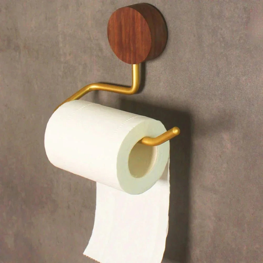 Metal Toilet Paper Holder with Wood Accents-Bedding & Bath > Bathroom Accessories-casanuva-Dark Wood and Gold-casanuva