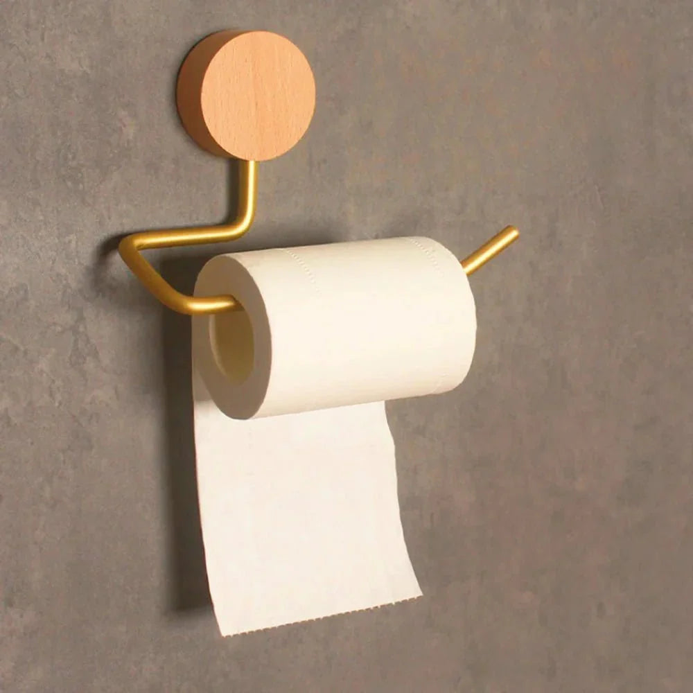 Metal Toilet Paper Holder with Wood Accents-Bedding & Bath > Bathroom Accessories-casanuva-Light Wood and Gold-casanuva