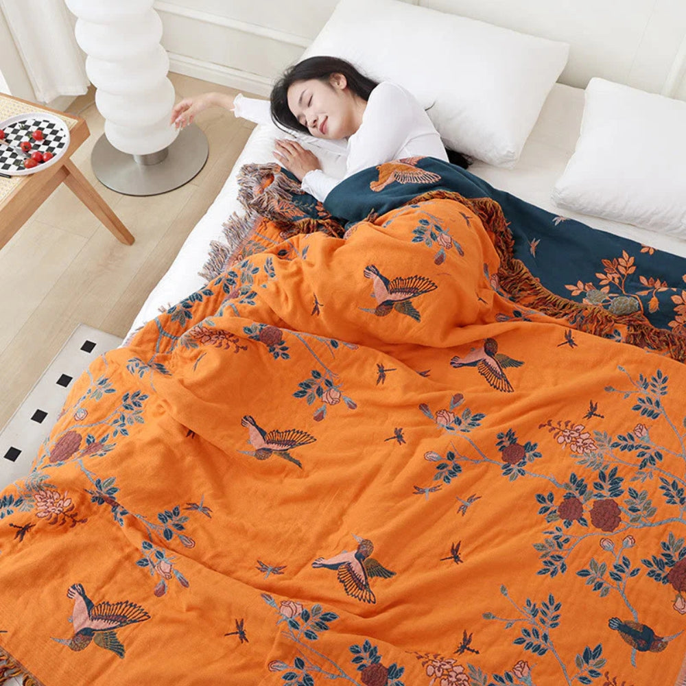 Multi-Layer Cotton Blanket with Ornate Design-Bedding & Bath > Blankets-casanuva-Dark Blue & Orange-Queen-casanuva