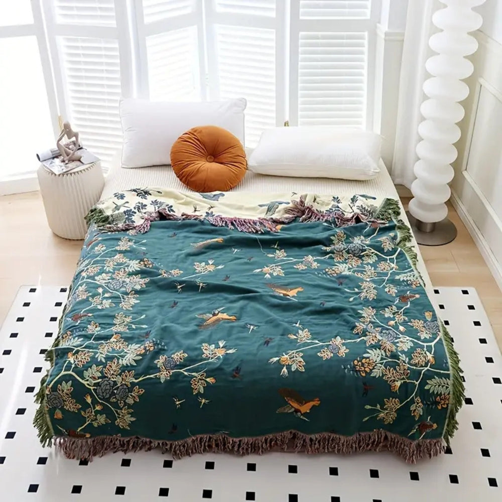 Multi-Layer Cotton Blanket with Ornate Design-Bedding & Bath > Blankets-casanuva-Dark & Green Beige-Queen-casanuva
