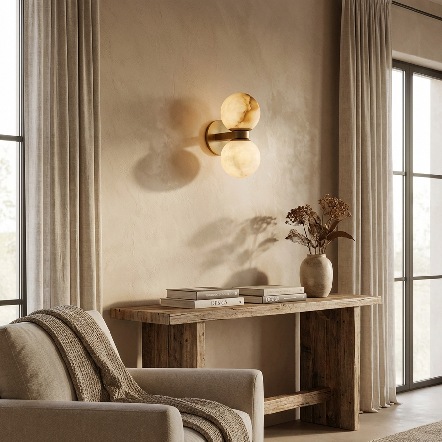 Natural Alabaster Double Ball Wall Light Fixture-Lighting > Wall Lights-casanuva-casanuva