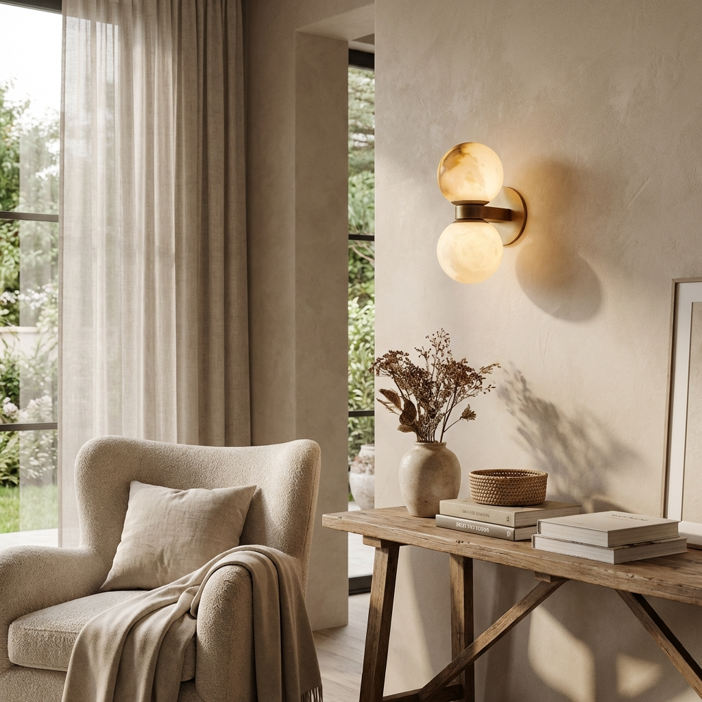 Natural Alabaster Double Ball Wall Light Fixture-Lighting > Wall Lights-casanuva-casanuva
