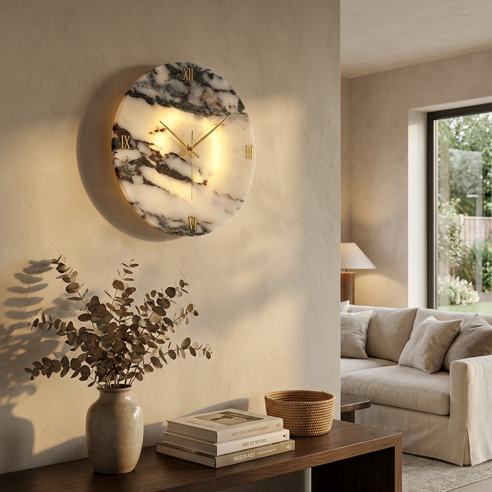 Natural Marble Wall Clock Light-Lighting > Wall Lights-casanuva-casanuva