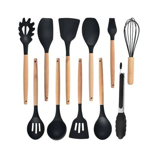 Nonstick Silicone Cooking Utensil Set with Wooden Handles-Kitchen & Dining > Cooking Utensils-casanuva-11 Piece Set-Black-casanuva