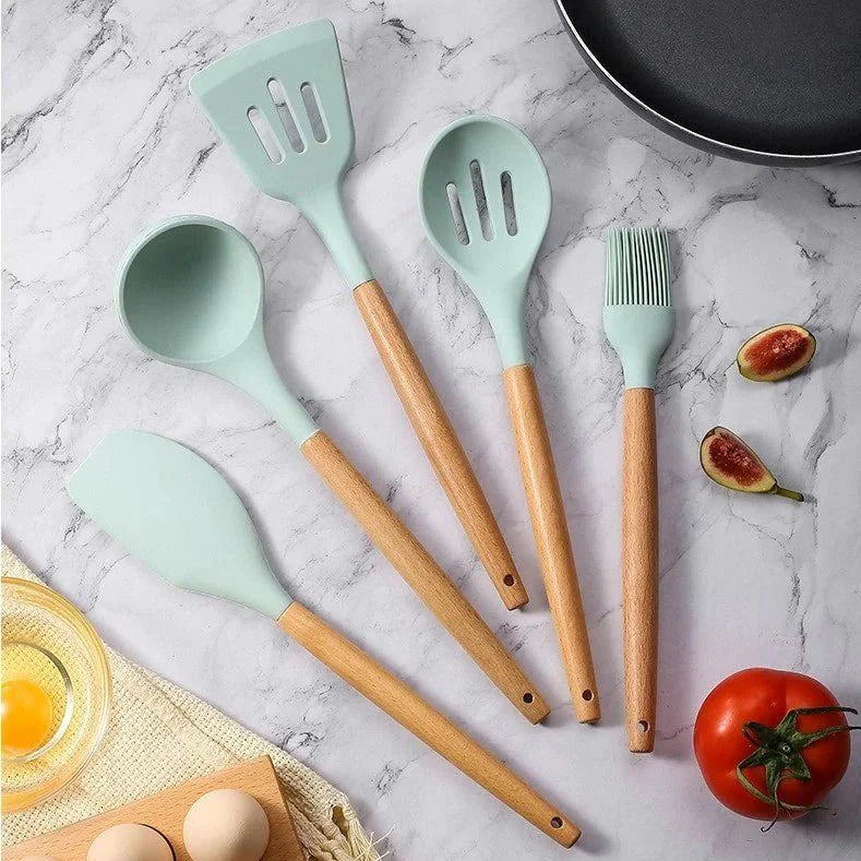 Nonstick Silicone Cooking Utensil Set with Wooden Handles-Kitchen & Dining > Cooking Utensils-casanuva-11 Piece Set-Mint-casanuva
