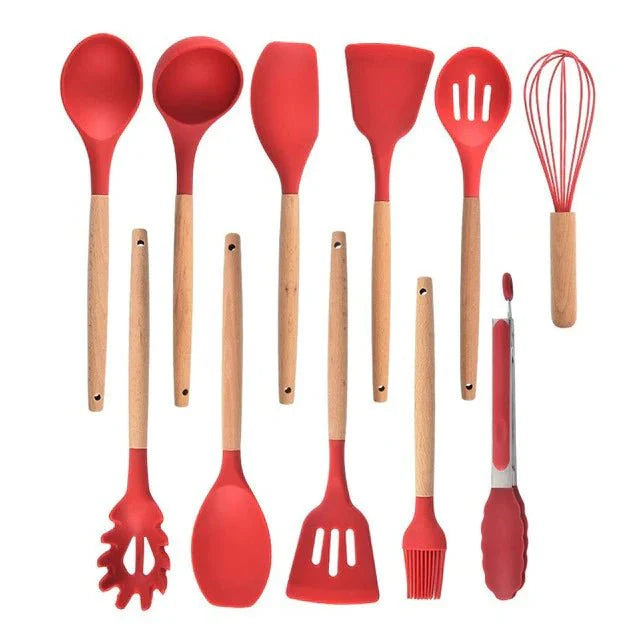 Nonstick Silicone Cooking Utensil Set with Wooden Handles-Kitchen & Dining > Cooking Utensils-casanuva-11 Piece Set-Red-casanuva