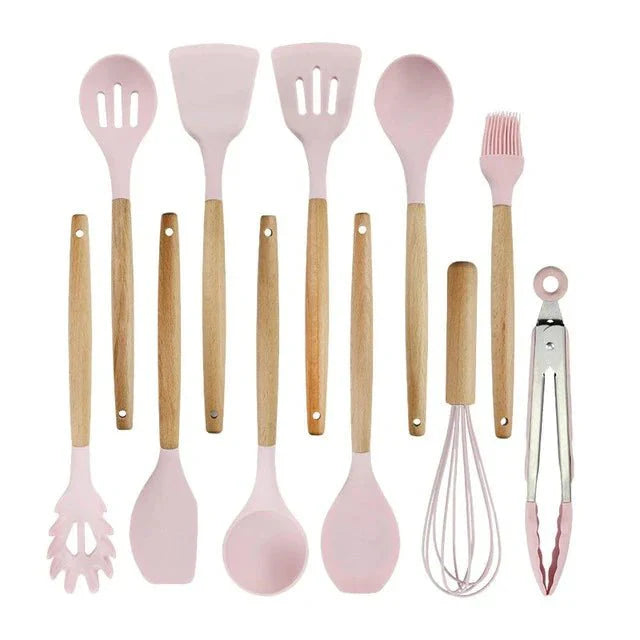 Nonstick Silicone Cooking Utensil Set with Wooden Handles-Kitchen & Dining > Cooking Utensils-casanuva-11 Piece Set-Rose-casanuva