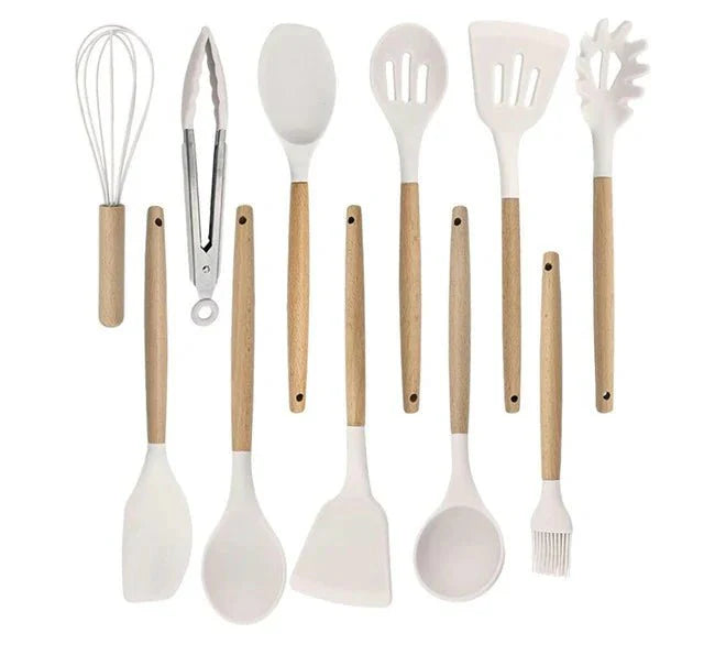 Nonstick Silicone Cooking Utensil Set with Wooden Handles-Kitchen & Dining > Cooking Utensils-casanuva-11 Piece Set-White-casanuva