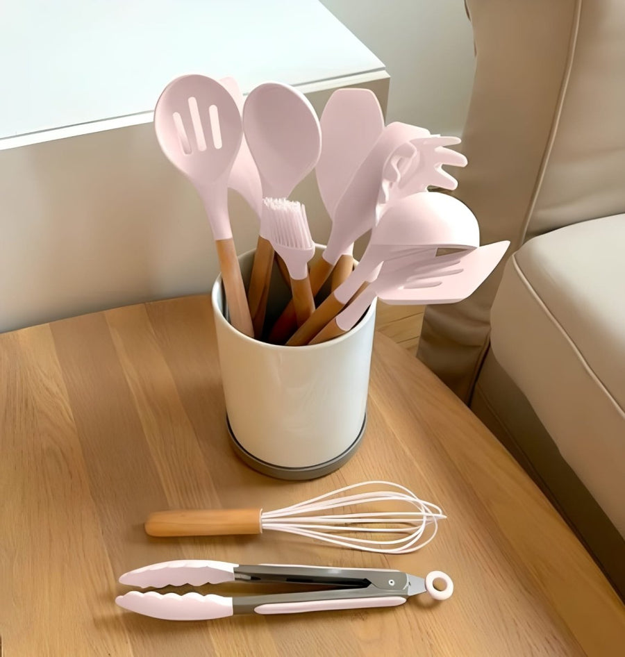 Nonstick Silicone Cooking Utensil Set with Wooden Handles-Kitchen & Dining > Cooking Utensils-casanuva-casanuva