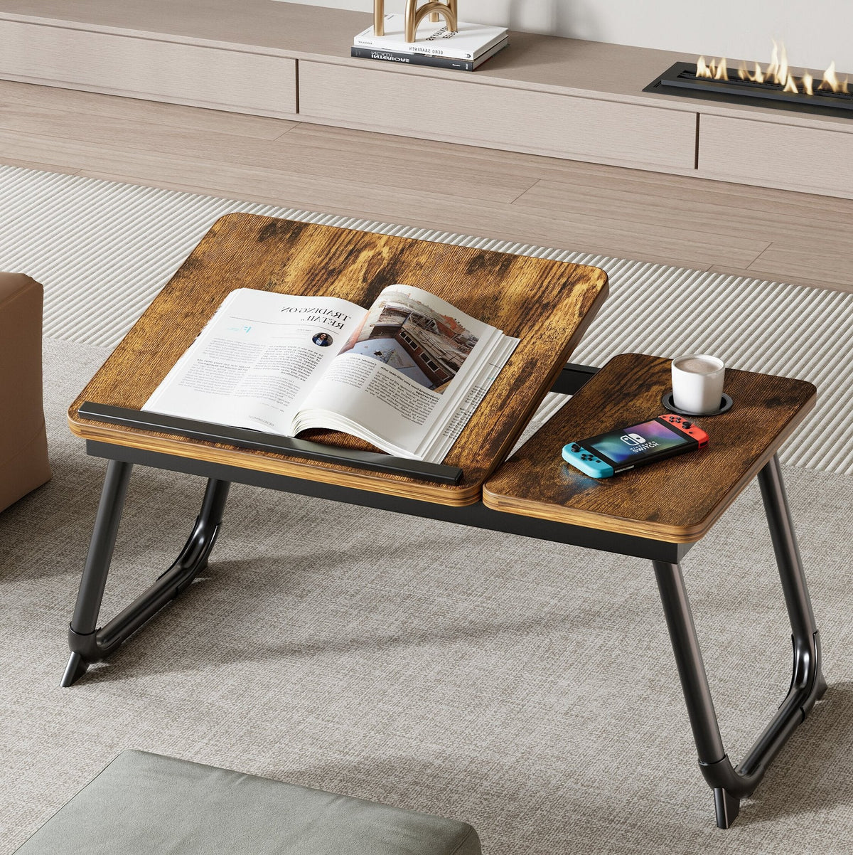 Nordic Carbon Steel MDF Rectangular Desk Foldable Angle Adjustable with 2-Tray Saucer-Furniture > Desks-casanuva-Charred Wood + Black-casanuva
