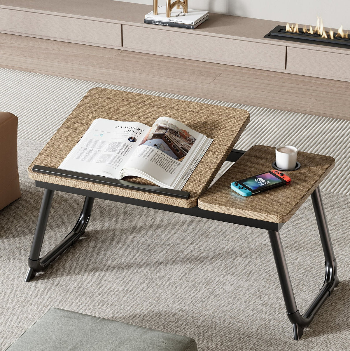 Nordic Carbon Steel MDF Rectangular Desk Foldable Angle Adjustable with 2-Tray Saucer-Furniture > Desks-casanuva-Cloth Pattern + Black-casanuva