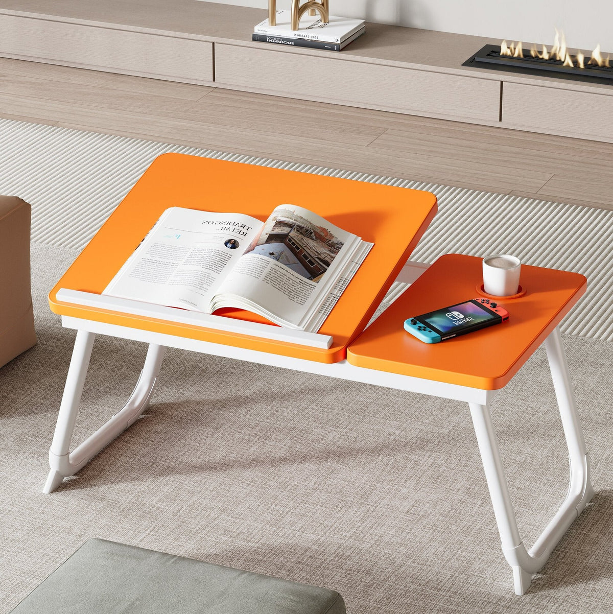 Nordic Carbon Steel MDF Rectangular Desk Foldable Angle Adjustable with 2-Tray Saucer-Furniture > Desks-casanuva-Orange + White Frame-casanuva