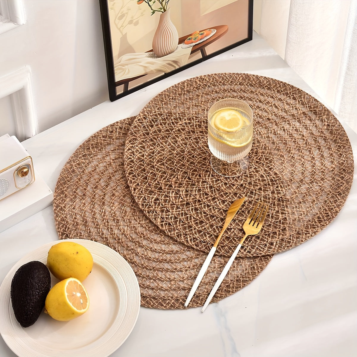 Nordic Round Woven Placemats Set of 4 Boho Table Mats for Dining and Events-Kitchen & Dining > Placemats-casanuva-Brown-38cm-casanuva