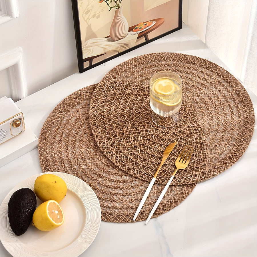 Nordic Round Woven Placemats Set of 4 Boho Table Mats for Dining and Events-Kitchen & Dining > Placemats-casanuva-Brown-38cm-casanuva