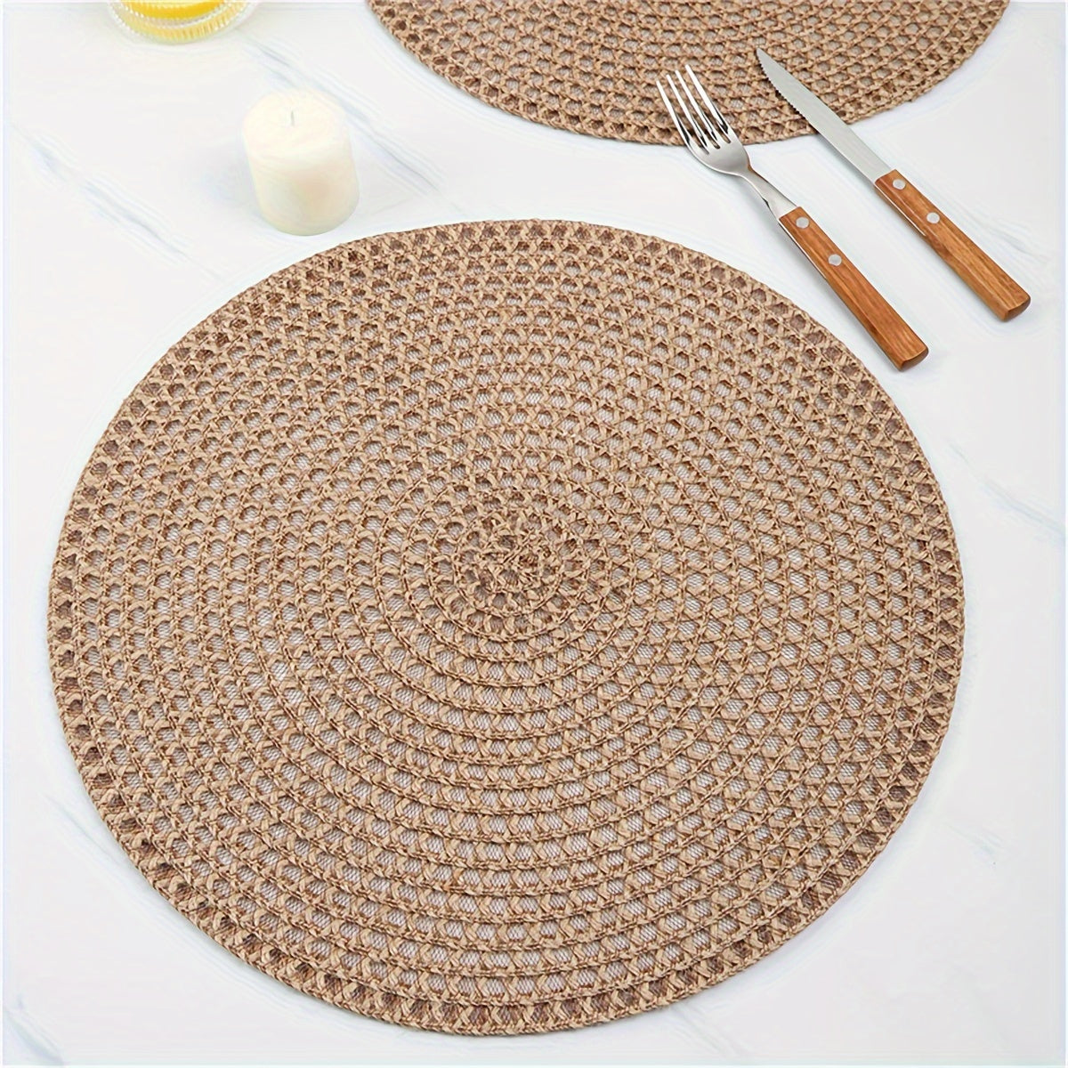 Nordic Round Woven Placemats Set of 4 Boho Table Mats for Dining and Events-Kitchen & Dining > Placemats-casanuva-Light Brown-38cm-casanuva