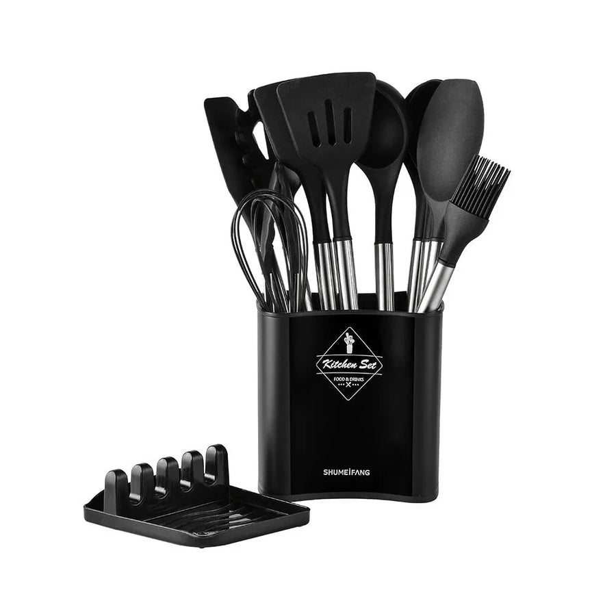 Nordic Silicone Kitchen Utensil Set 13 Pieces Latte Color-Kitchen & Dining > Cooking Utensils-casanuva-Black-casanuva