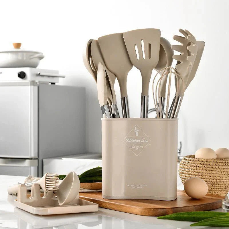 Nordic Silicone Kitchen Utensil Set 13 Pieces Latte Color-Kitchen & Dining > Cooking Utensils-casanuva-Khaki-casanuva