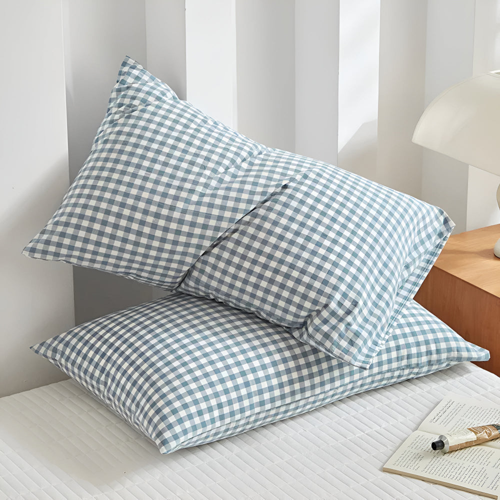 Plaid Checkered Pillowcases Soft Cotton Set-Bedding & Bath > Pillowcases-casanuva-Azure Checkered-casanuva